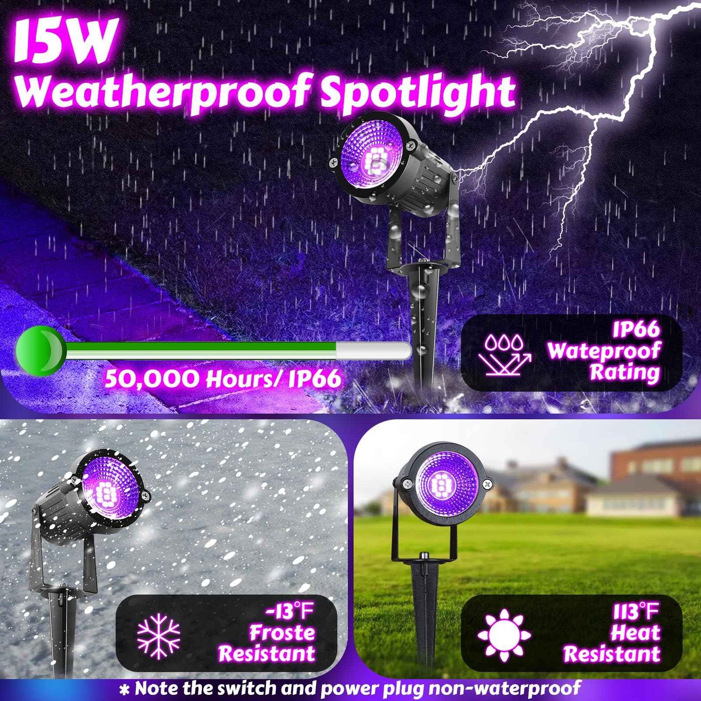 8 Pack Black Lights, IP66 Flood Light 15W LED Blacklight Glow Party Outdoor Spotlight with On/Off Switch + Plug + Metal Stakes for Landscape Lighting, Xmas, Body Paint, Fluorescent Poster, Halloween