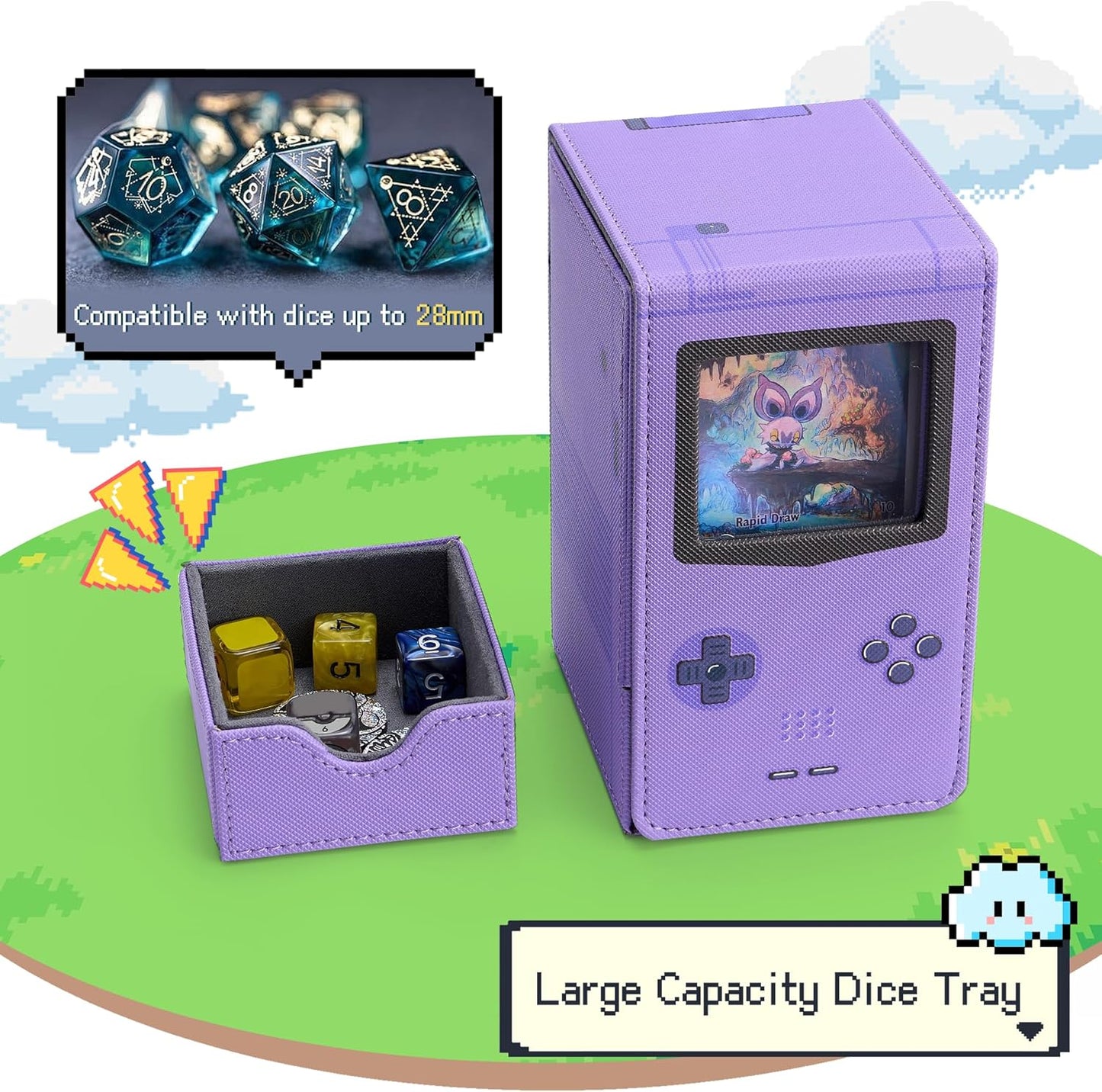 Venssu Retro Gaming Console Deck Box - PU Leather Card Storage with Dice Tray | Fits 120 Sleeved Cards (Purple)