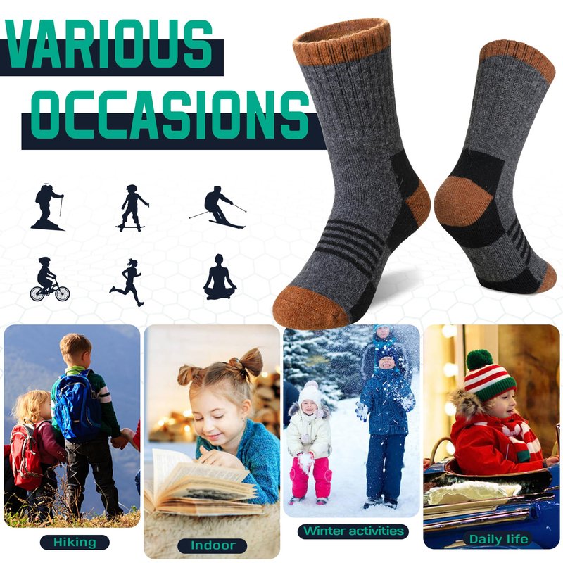 DoSmart Kids Hiking Walking Socks, Boys Girls Toddlers Merino Wool Warm Socks,Wicking Cushion Crew Socks(Mix Color B,4-8 Years)