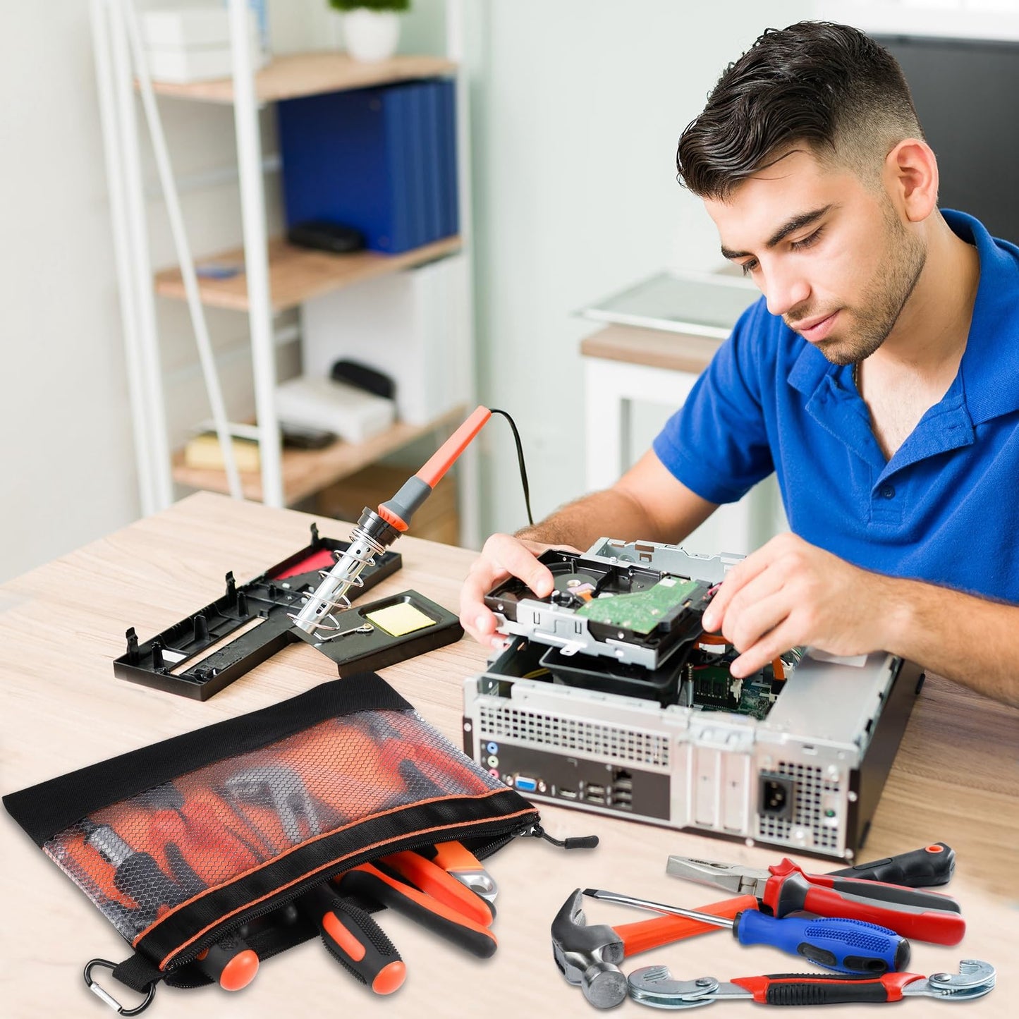 BESARME 3 Pcs 11.8" Clear Tool Pouches with Zipper Heavy-Duty Small Tool Bag Waterproof Zipper Tool Pouch with Mesh Window Electrician Tool Pouch for Men and Women