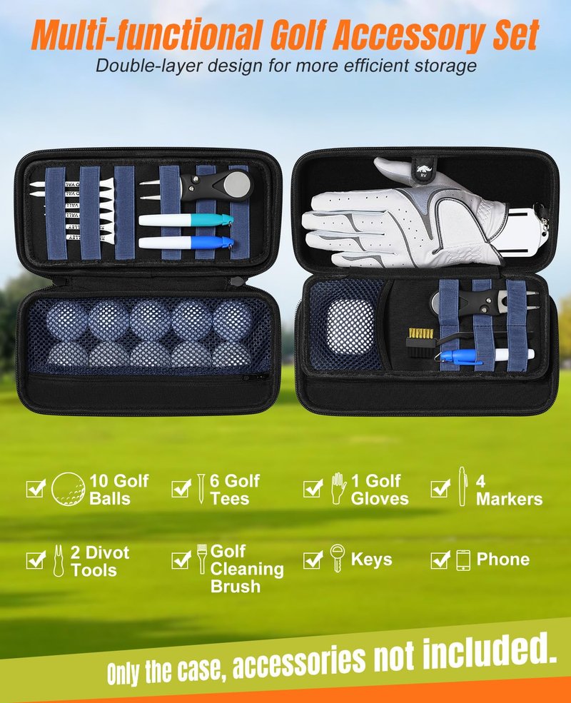 Rhino Valley Golf Glove Holder Case, Golf Accessories Organizer Bag with Glove Shaper for Phone, Gloves, Balls, Tees, Markers, Divot & Repair Tools, Gifts for Golfers Men Women, Black