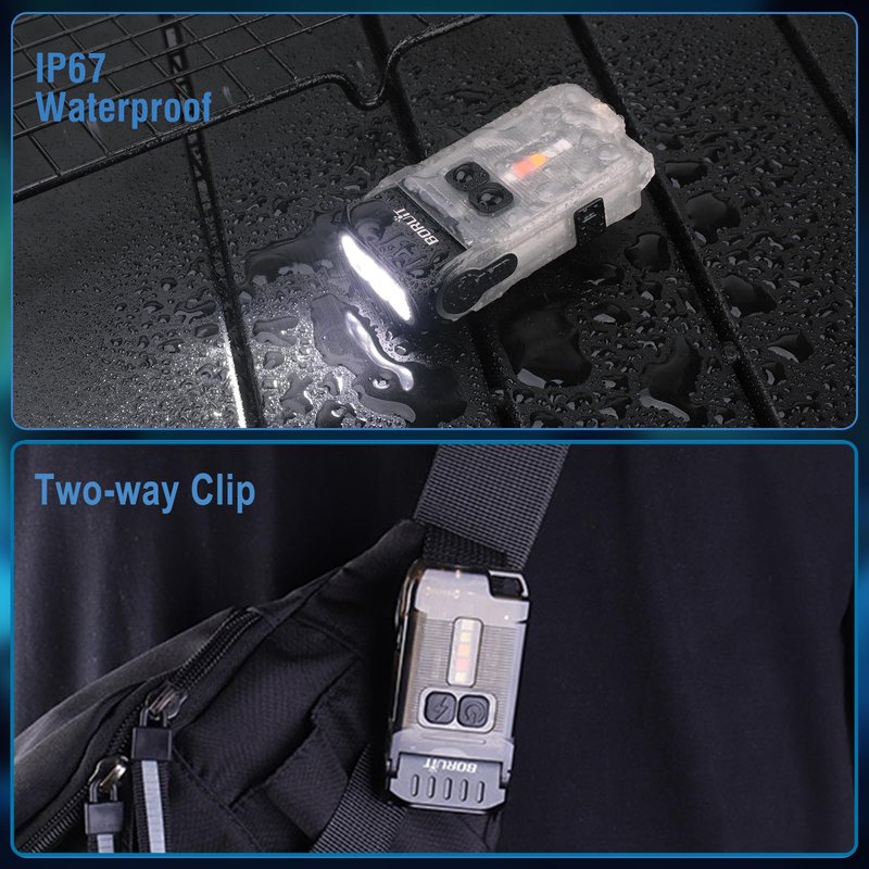 BORUIT V15 Small Flashlight Powerful Super Bright with 80° Swivel Head, Clip Magent Warm Red Blue COB Light - Mini Pocket Keychain EDC Flashlights USB Rechargeable IP67 LED Flash Light
