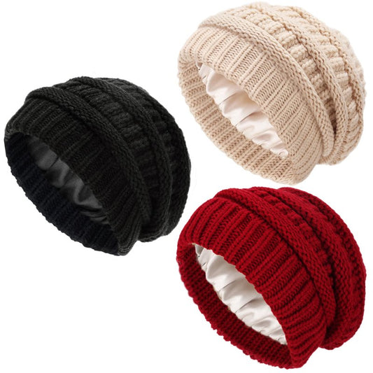 Ultrafun 3 Pack Satin Lined Beanie for Women, Slouchy Winter Hats with Silk Lined, Oversized Knit Warm Hat Skull Cap (Black, Beige, Red)