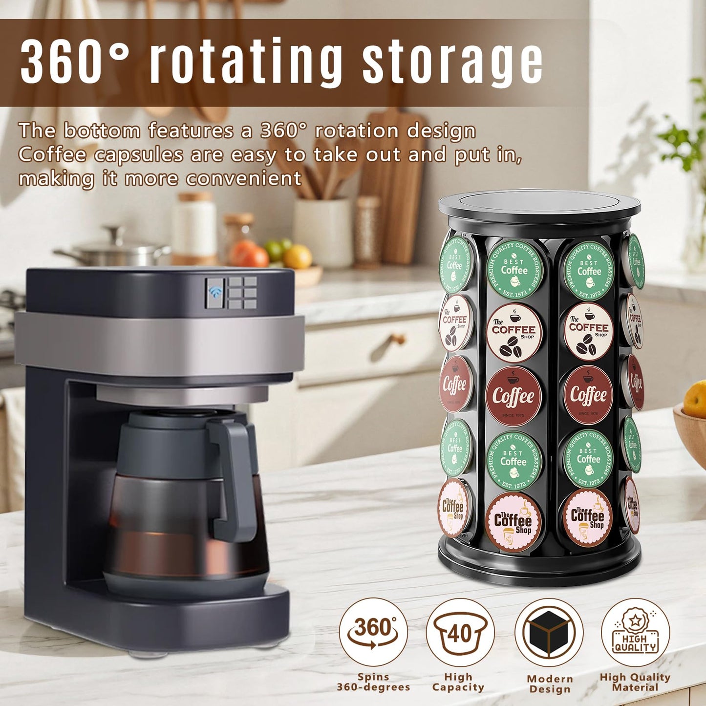 TOMSHUB K Cup Holder, Coffee Pod Storage Carousel Holder Organizer Compatible with 40 Keurig K-Cup Pods, Home or Office Kitchen Counter Organizer（Black）