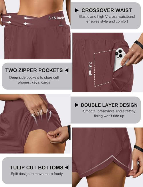 Blooming Jelly Women's High Waisted Workout Shorts - Crossover Athletic Running Shorts with Zipper Pockets