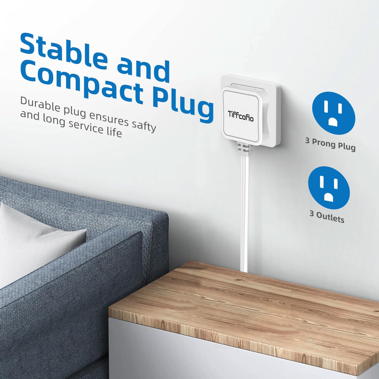 TiFFCOFiO Flat Plug Outlet Strip, 10 Feet Extension Cord 3 Prong, 3 Grounded Outlets with Mounting Holes, 13A/1625W, 16 AWG