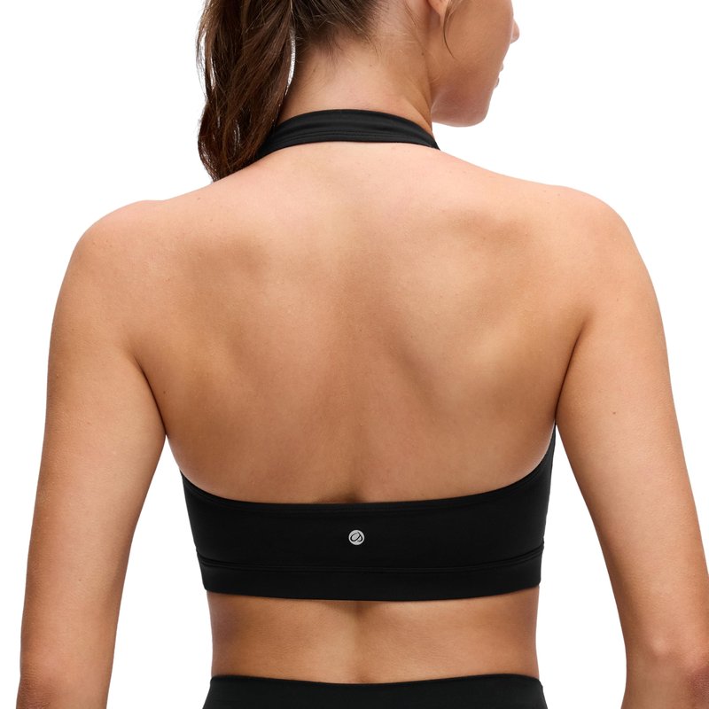 CRZ YOGA Butterluxe Halter Sports Bras for Women - Scoop Neck Padded Open Back Yoga Crop Gym Tops Low Impact Black Small