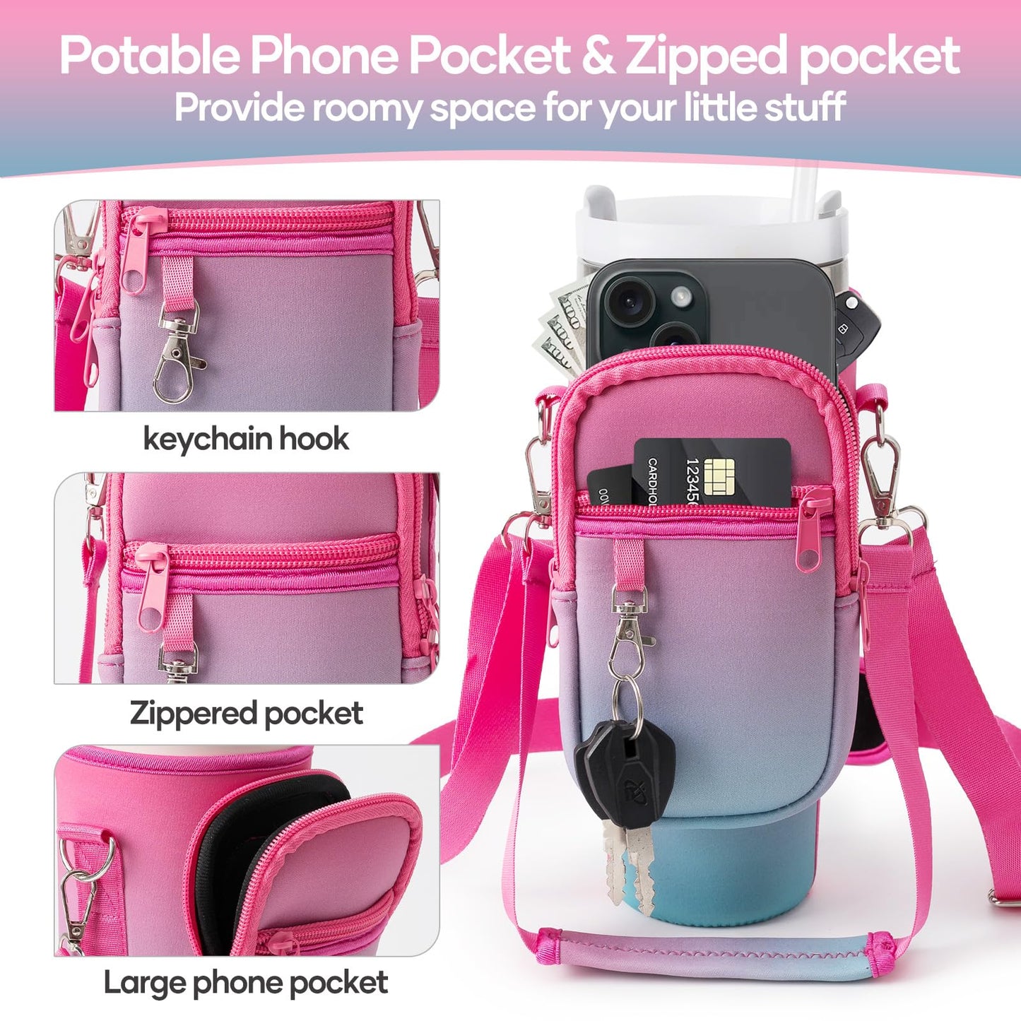 linmaya Water Bottle Carrier Bag for Stanley Cup 40/30oz with Phone Holder Pockets,Neoprene Water Bottle Cross-body Bag with Adjustable Shoulder & Hand Strap Stanley Cup Accessories