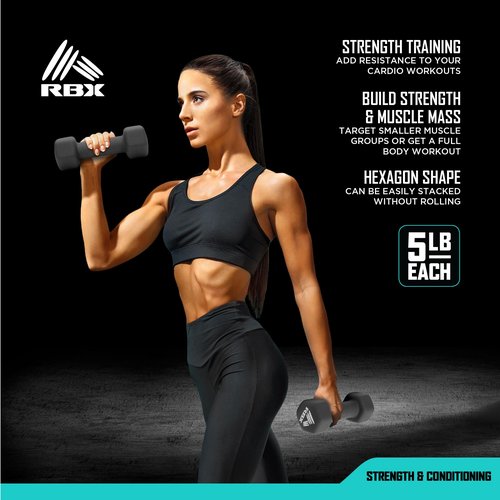 RBX Weights Dumbbells Set - Neoprene Arm Weights with Non-Slip Grip, Strength Training Equipment Workout Weights for at Home or Gym Training, Anti-Roll Black