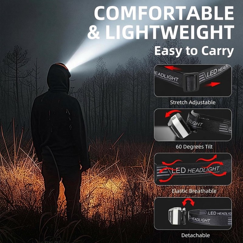 Hilngav 6 Pack Rechargeable Headlamp Flashlight, LED Head Lamp with White Red Light, Super Bright USB-C Headlight Motion Sensor Head Lamp for Adults 11 Mode Outdoor Camping Running Hiking Fishing