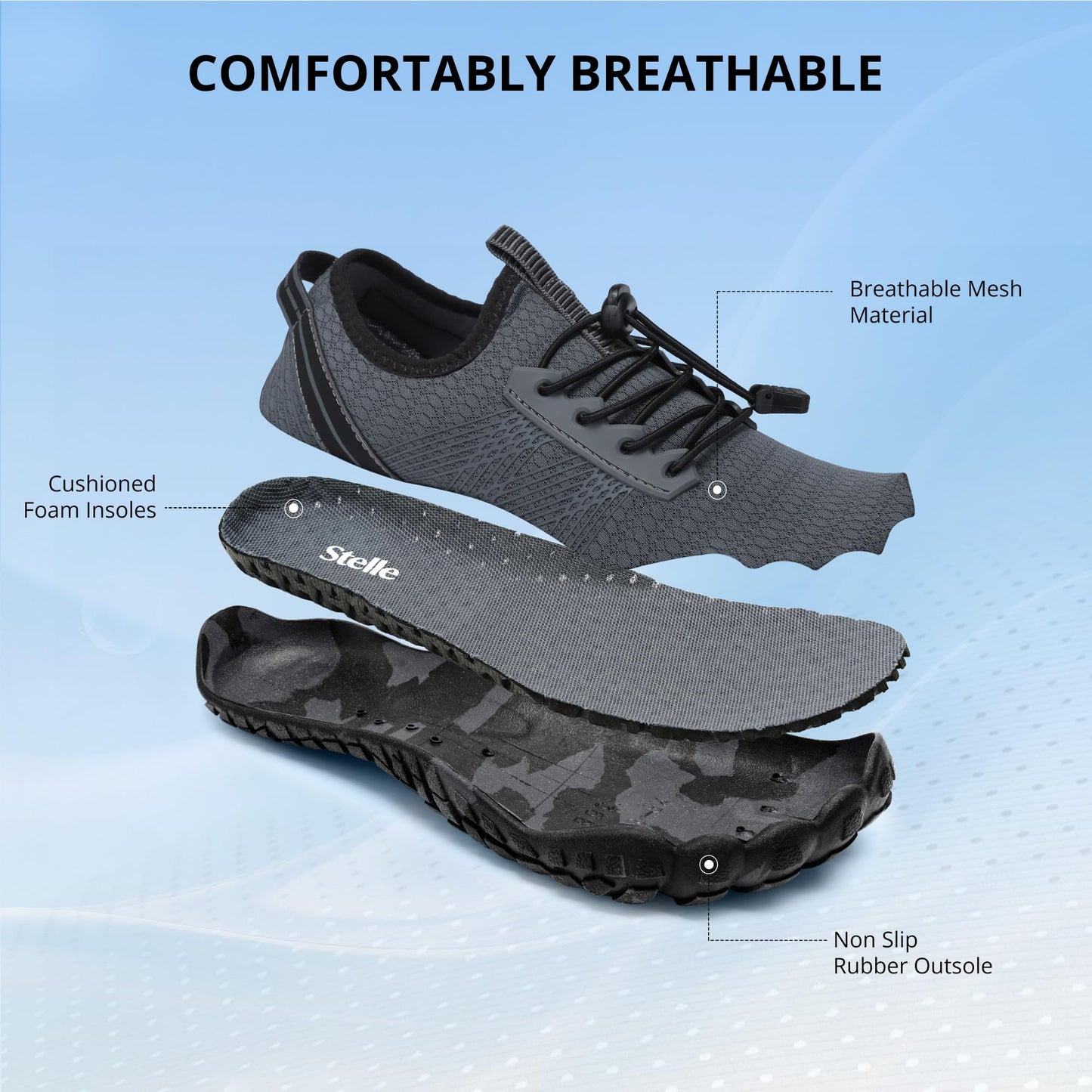 Stelle Womens Water Shoes for Men Adult Quick-Dry Aqua Shoes Barefoot Non Slip for Beach Swim River Pool Boating Fishing Hiking Kayaking(Charcoal,11MW)