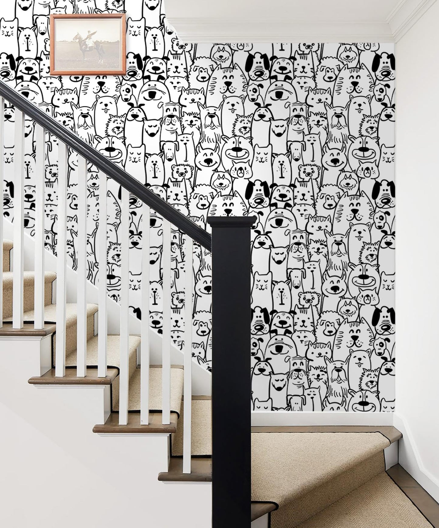 Fiula Peel and Stick Wallpaper Contact Paper Black and White Wallpaper Modern Dog Animal Wall Paper Textured Self Adhesive Removable Wallpaper for Nursery Kids Room Shelf Liner Vinyl Roll 78.7"x17.3"