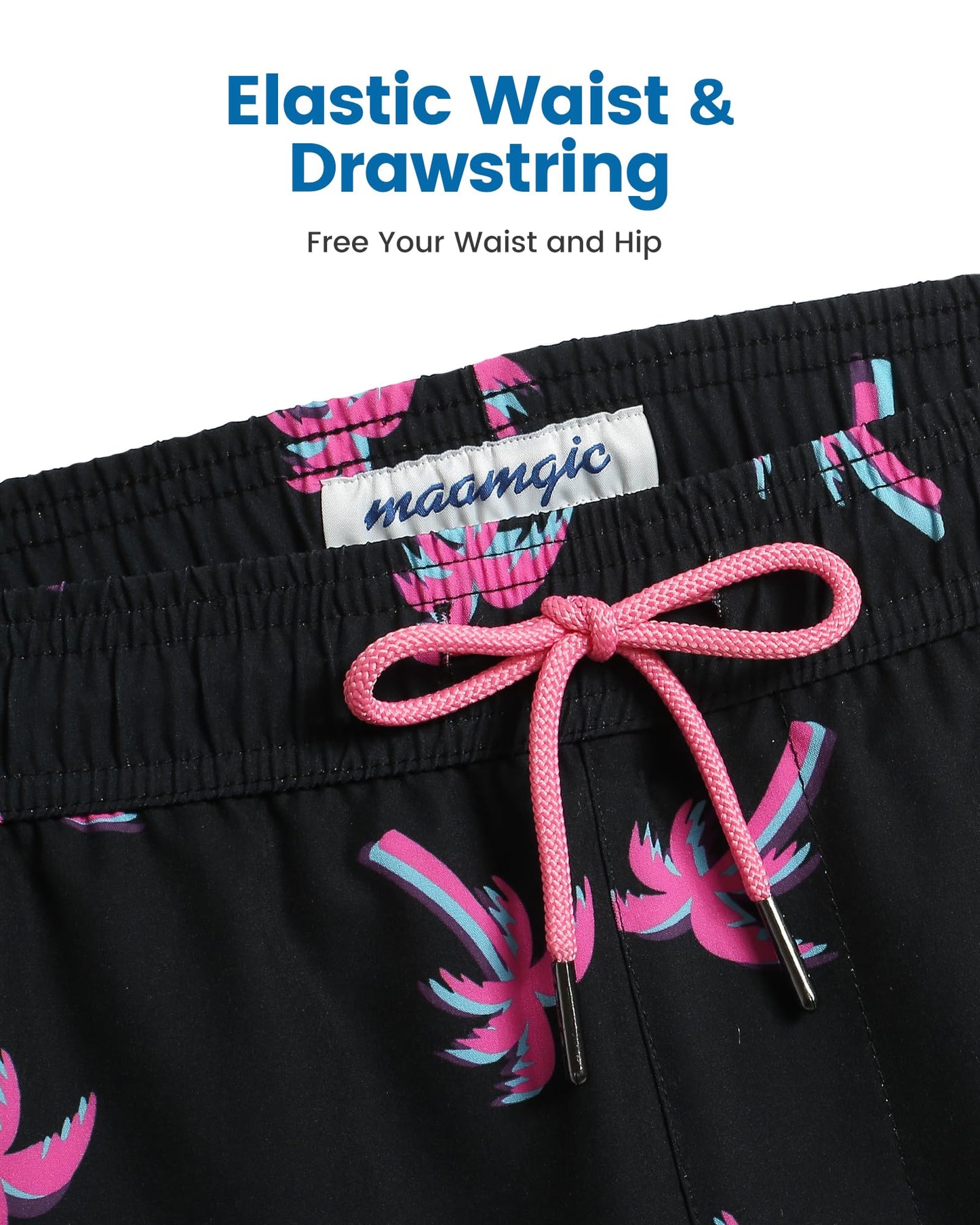 maamgic Mens Swim Trunks with Compression Liner 5 Inch, Quick Dry Bathing Suit with Zipper Pockets, Stretch No-Chafing Swim Shorts, Pink-Black Coconut Tree XX-Large