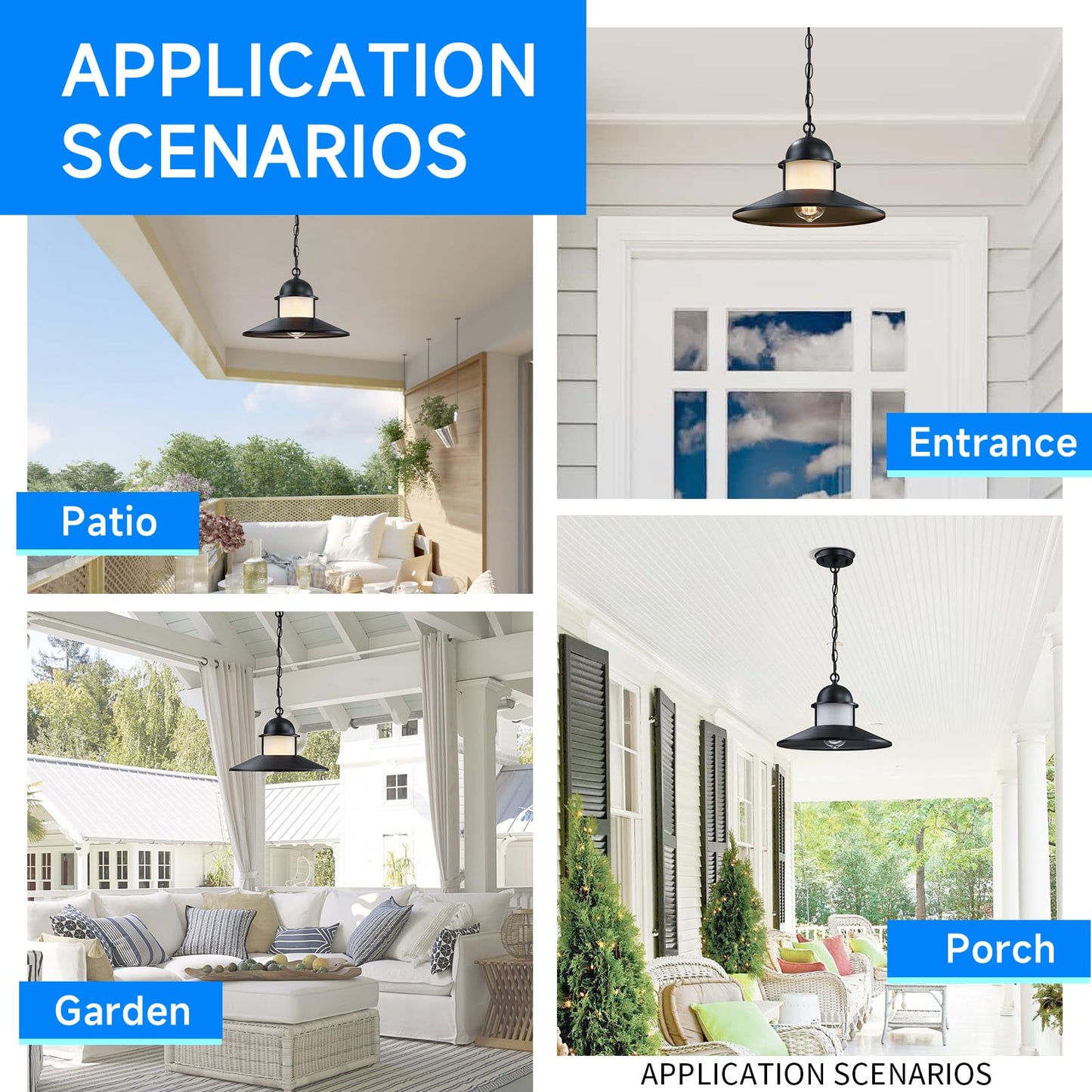 DOCIUEON Outdoor Pendant Light 2 Pack, Modern Outside Chandelier Outdoor Hanging Lantern Light in Matte Black with Frosted Glass, Exterior Pendant Lighting Fixture Ceiling Mount for Porch Patio Gazebo