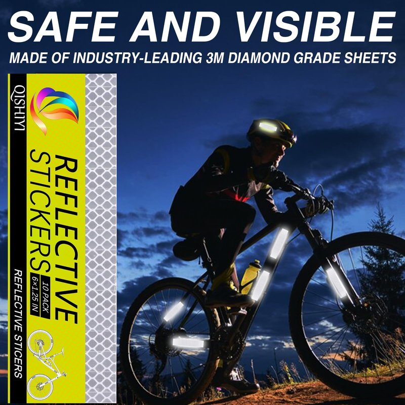 Qishiyi Reflective Stickers for Helmets & Bikes，3M Diamond Grade Tape，10-Pack 1.25x6 Inch White，Mailbox Trailer Hard Hat Safety