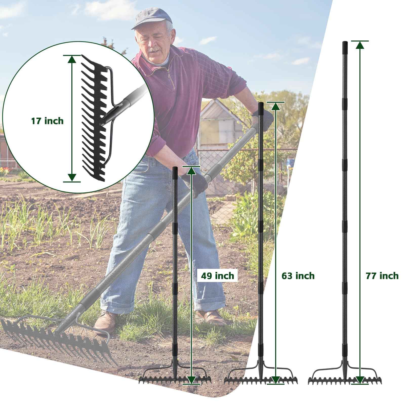 49'' Bow Rake ，17 Tines Metal Head Rakes with Stainless Steel Handle，Heavy Duty Garden Rake for Loosening Soil Gathering Leaf Leveling Lawn Farming Land Management Yarn Thatch Rake