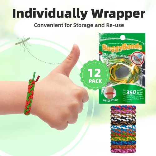 BuggyBands 12 Pack Mosquito Repellent Bracelets, DEET-Free Natural Bands, PU Leather Insect & Bug Repellent Wrist Bands for Kids & Adults, Individually Wrapped