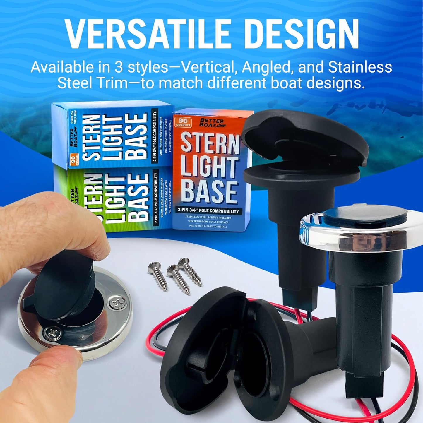 Skiennix Boat Stern Light Base - Durable Navigation & Anchor Light Socket with Stainless Steel Trim | 2-Pin Plug