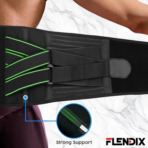 Flendix Lower Back Brace for Lower Back Pain, Breathable Back Support Belt, Lumbar Support for Men and Women, Back Brace with Adjustable Support Straps and Removable Lumbar Pad for Work & Everyday Use (Green, XL (Waist 37.8"-42.3"))