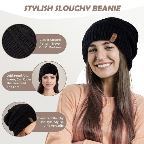 3 Pack Satin Lined Beanie for Women, Warm Slouchy Winter Hats with Silk Lined, Fashionable Oversized Cable Knit Hat Skull Cap-03