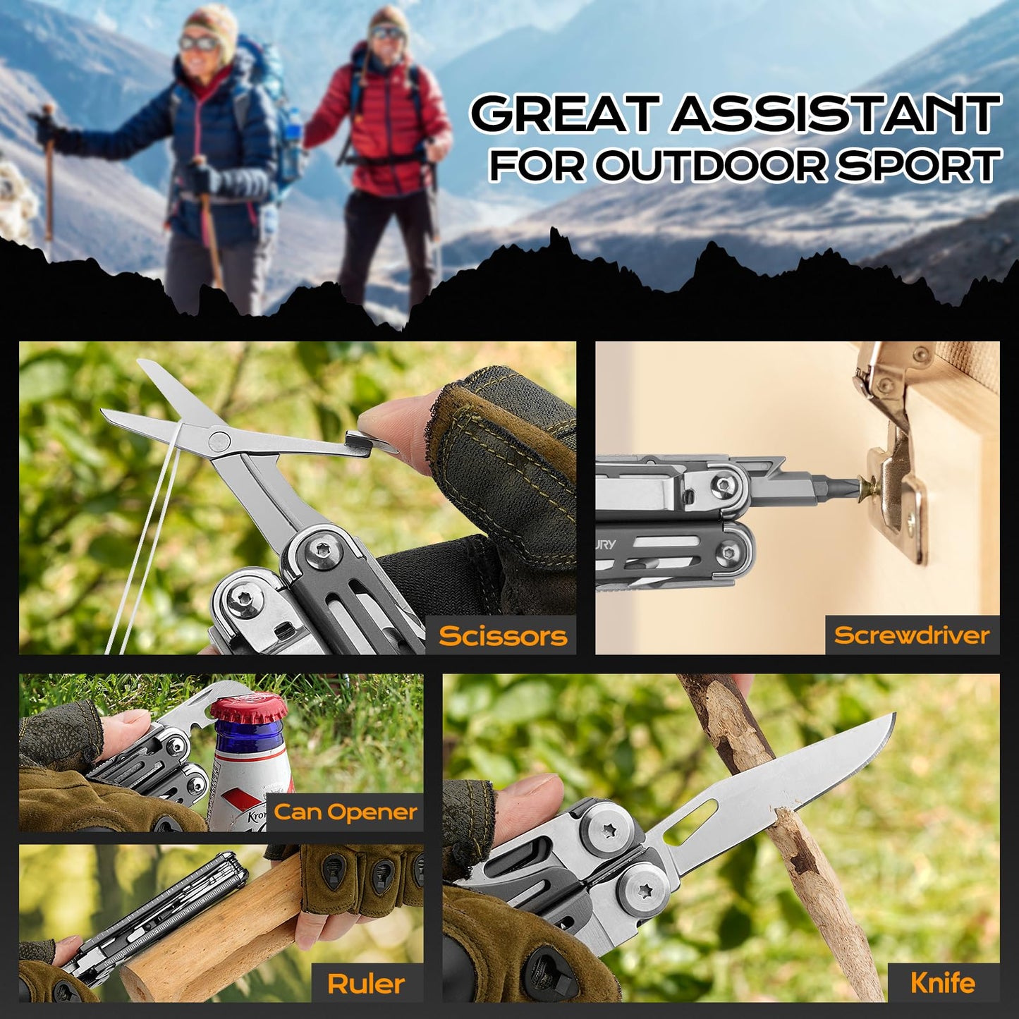 BIBURY Multitools BI2038C, 22-in-1 Stainless Steel Pocket Knife with Scissors, Foldable Self-locking EDC Multi tools Pliers with Sheath for Outdoor Hunting Survival Camping Simple Repair