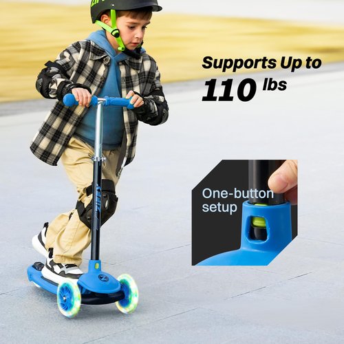 JOVA ZIFFY 3 Wheel Scooter for Kids 3-5, Toddler Kick Scooters with LED Light-Up Wheels for Boys and Girls, 5 Adjustable Height and Lean-to-Steer Design, Support up to 110 lbs, Blue