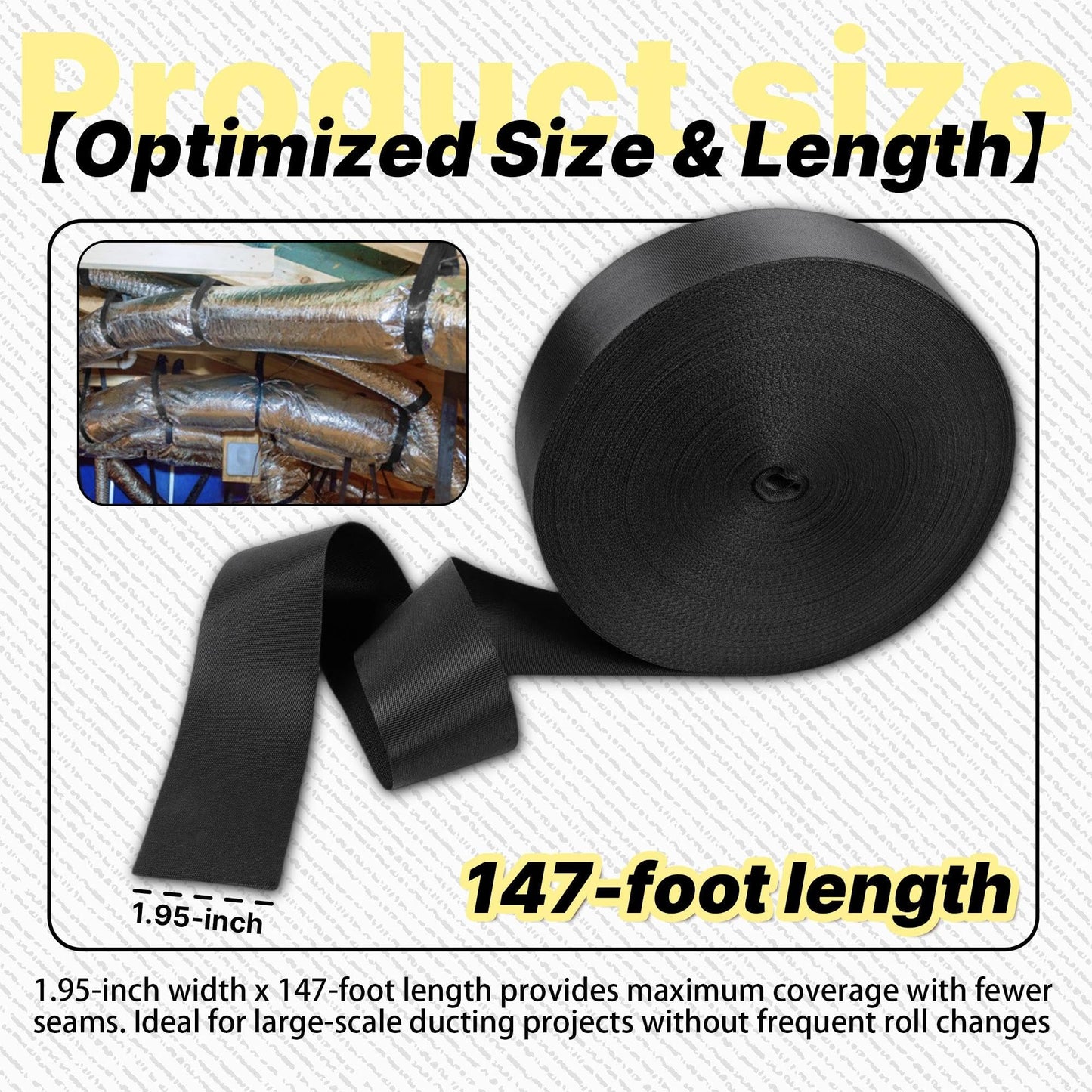 Yudylg Heavy Duty Duct Strap – 1.95 in x 147 ft Black Nylon Strapping for HVAC Duct, Durable Wrap Support Band for Building & Home Improvement