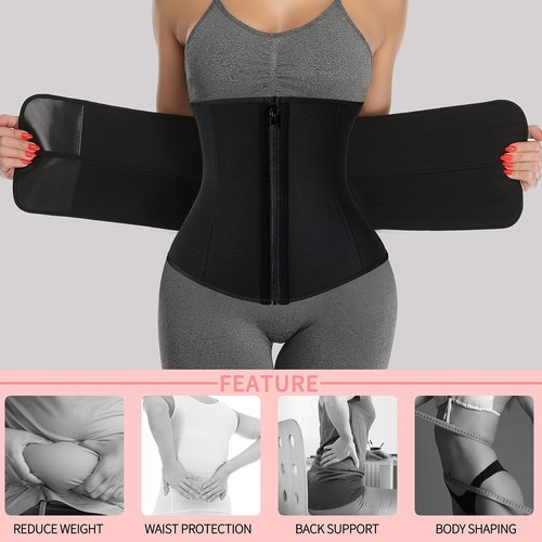 KIWI RATA Neoprene Sauna Waist Trainer Corset Sweat Belt with 2 Straps for Women Sweat Band Compression Cincher Workout Fitness Trimmer,#1 Zipper Black,Small