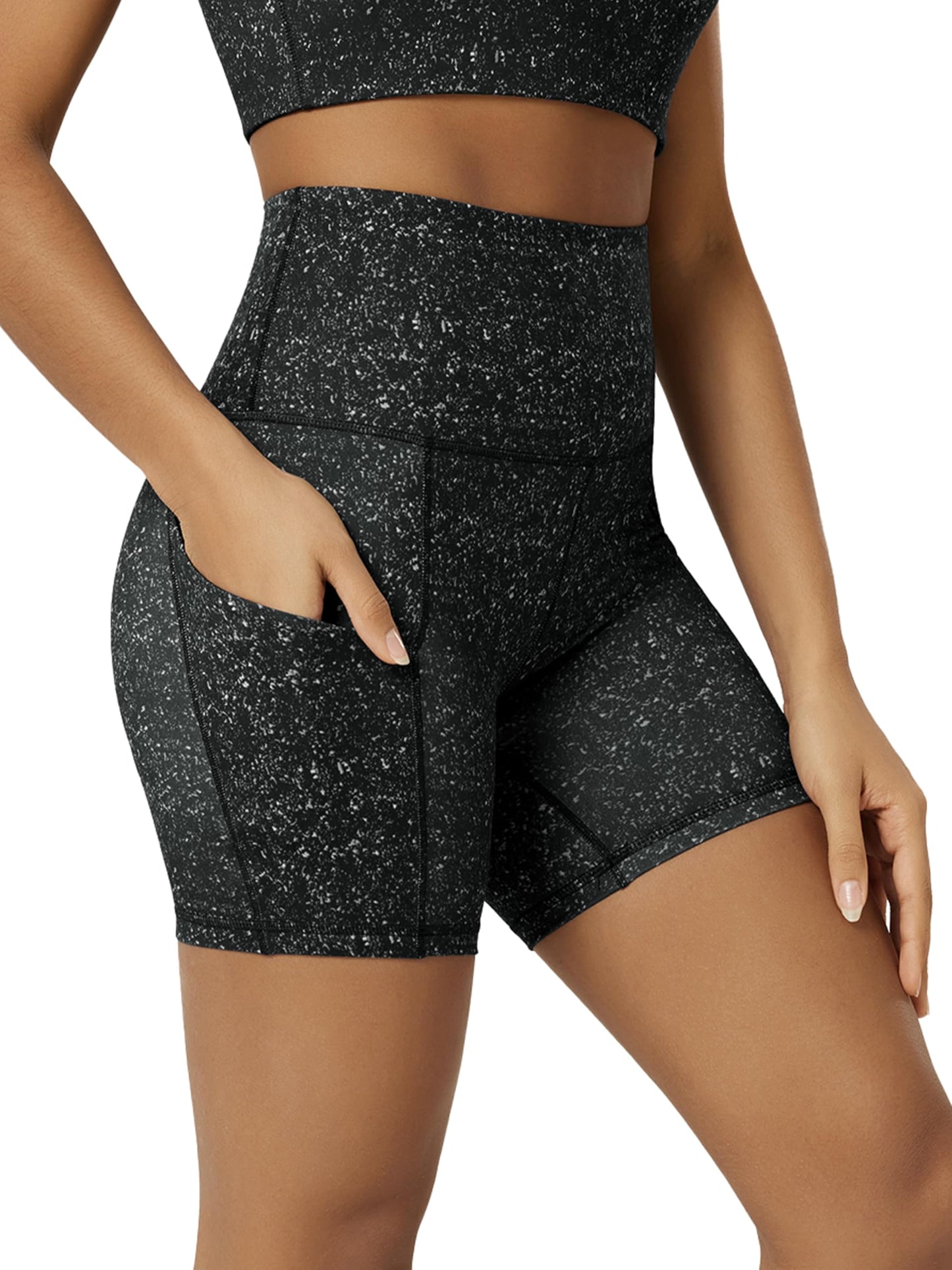 ODODOS 5" Tummy Control Biker Shorts for Women with Pockets High Waist Athletic Workout Yoga Shorts, Black Dot, Large