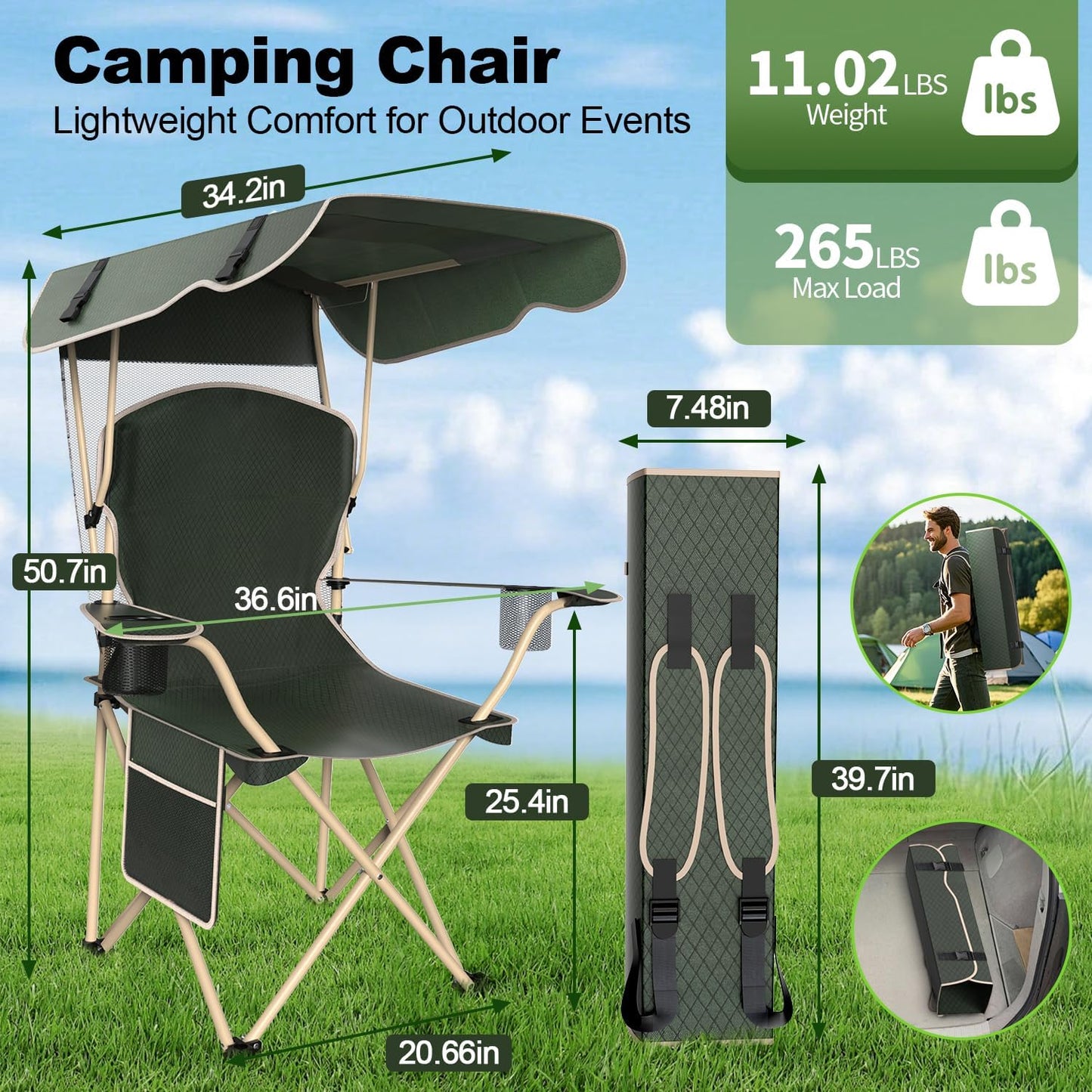 VTOY Portable Camping Chair - Durable 600D Oxford Folding Chair with Canopy for Outdoor Activities