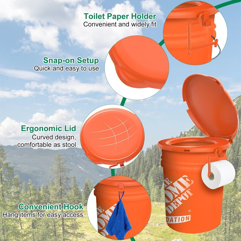 Orange Portable Toilet Seat for 5 Gal Buckets, Snap-on Lid for Adults, Camping, Hiking, Emergency, Car, Boat