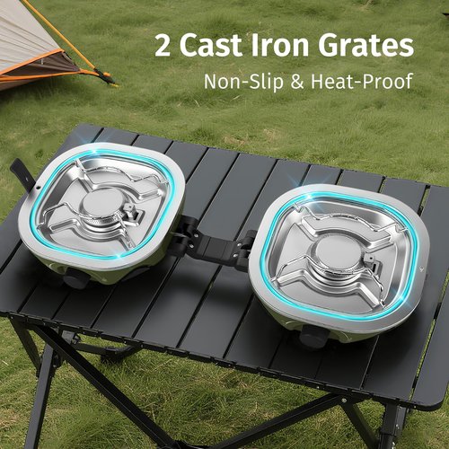INFOOD Propane Camping Stove 20,000 BTU - Portable 2 Burner Gas Stove with Adjustable Flame Control, Piezo Ignition, Carry Bag & Propane Adapter Hose, Folding Design for Camp, BBQ, Tailgating, Green