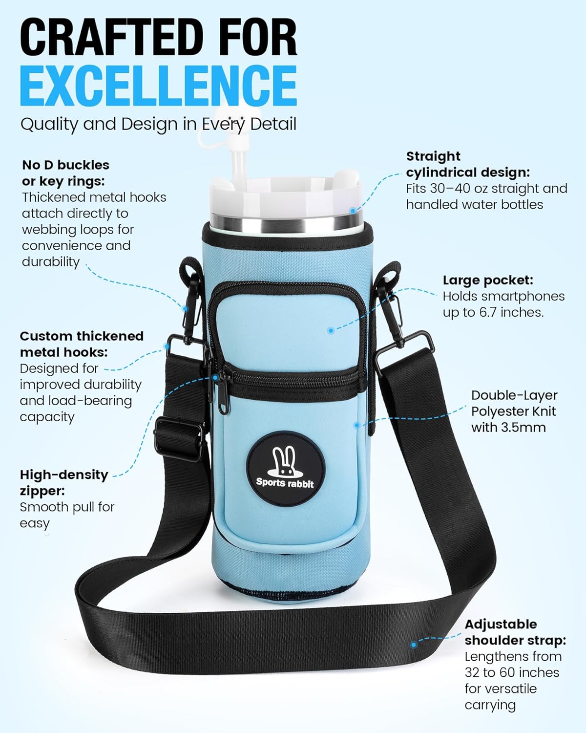 Sports Rabbit Universal Water Bottle Holder - Durable Oxford & Neoprene Design for Stanley Tumblers | Adjustable Strap for Gym & Travel