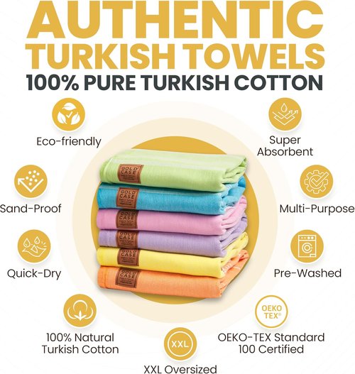 LYCIA Turkish Beach Towel Set of 6 - Oversized 100% Cotton Quick Dry & Sand Free - Multi Color 70 x 38''
