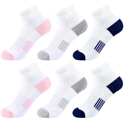 Girls Ankle Socks Kids Cushioned Athletic Quarter Socks Boys Cotton Short Sock Sports 7-10 Years Children 6 Pairs(2Grey+2Navy+2Pink, M)