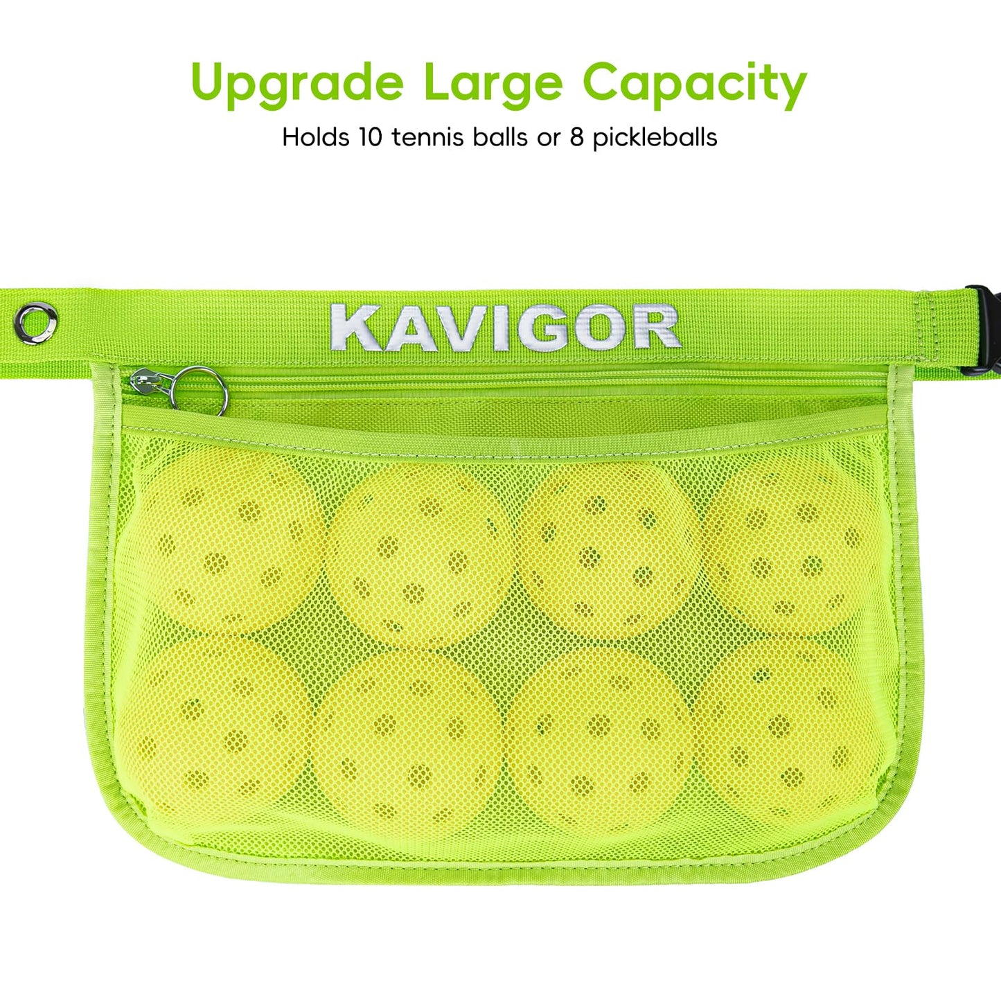 KAVIGOR Tennis & Pickleball Ball Holder Waist Pouch Holds 8-10 Balls, Multi-Functional Sports Belt Bag with Zipper Pocket and Carabiner