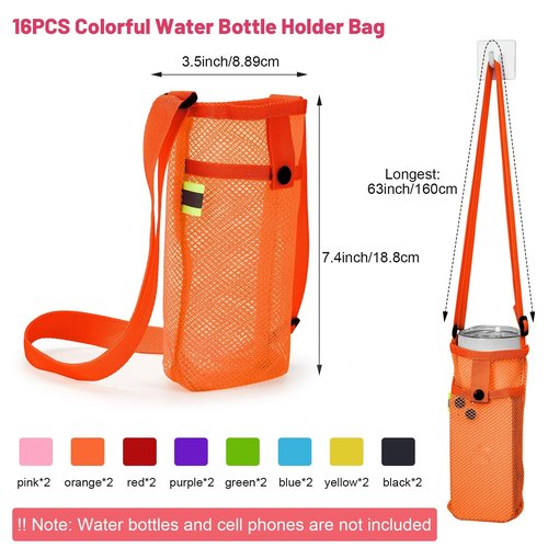 Mumufy Mesh Water Bottle Sling Holder with Adjustable Strap Crossbody Bottle Sleeve Carrier with Pouch for Outdoor Activities(Fresh,16 Pcs)