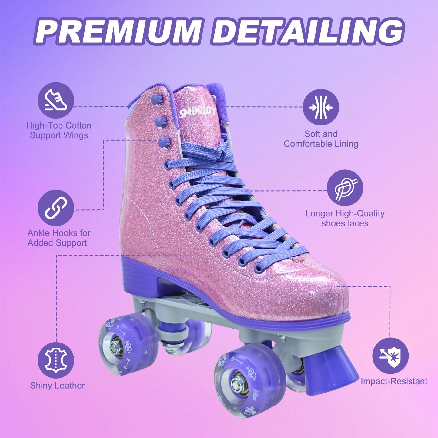 SMOOJOY Roller Skates for Women Girls High Top PU Adult Derby Quad Purple Red Skates Shoes Outdoor Shiny Double-Row Four Wheels Light Up Leather Rollerskates for Ages 8-50 Indoor