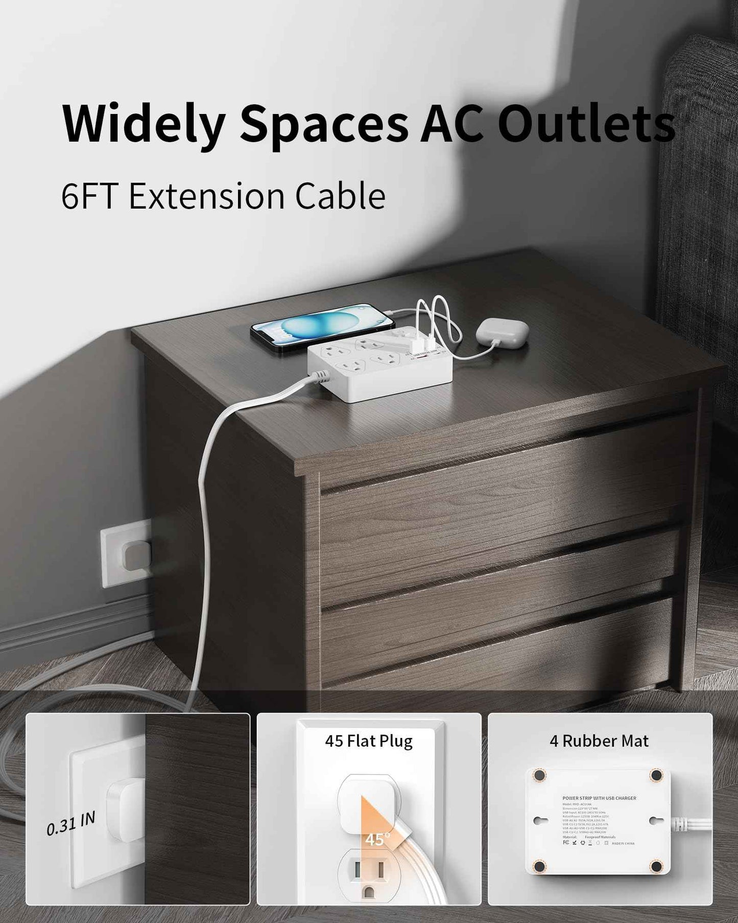 VPSUN Power Strip Surge Protector with 20W USB C Ports,6Ft Flat Plug Extension Cord Wall Mount 4 Outlets Extender,Fast USB Charging Station 1080J (White)