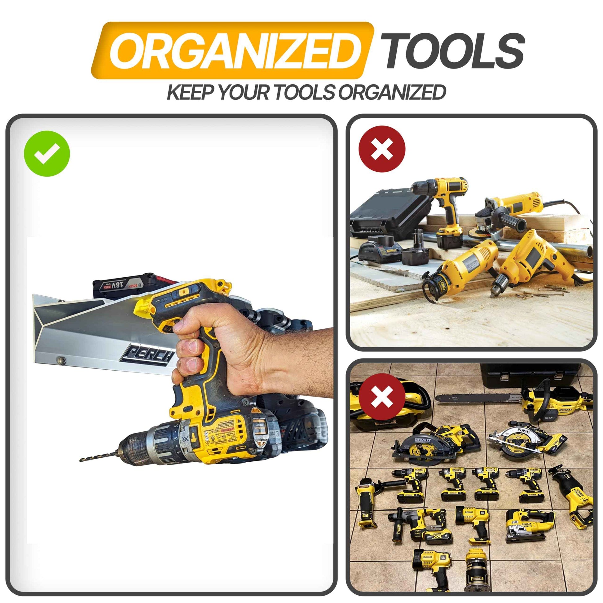 PERCH 6 Pack Tool Holder Wall Mount for DeWalt 20v/60v Cordless Tools - Snap Fit Drill Holder Wall Mount for DeWalt Tool Hanger with 12 Screws - Easy to Install, Screw in and Lock