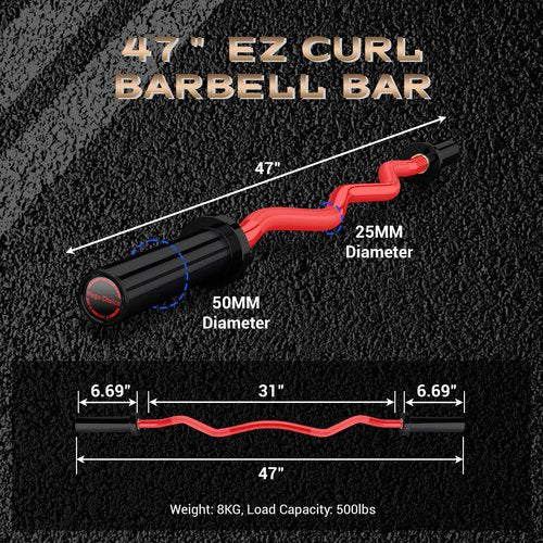 47" Olympic EZ Curl Bar - 500lb Capacity Heavy Duty Chrome Curling Bar for Biceps Triceps Workout, With 2 Spring Collars, Fits 2" Standard Weight Plates for Home & Gym Strength Training