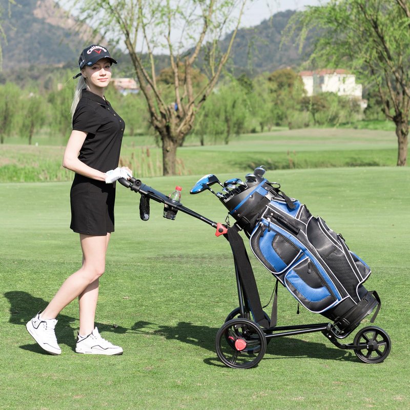 Tangkula Golf Push Cart, Lightweight Collapsible Golf Pull Cart, 3 Wheels Golf Trolley with Foot Brake Umbrella Holder & Cup Holder, Adjustable Handle and Storage Bag
