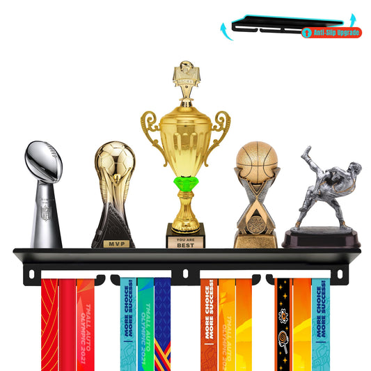 Medal Hanger Display with Trophy Shelf - Durable Metal Rack for Award Ribbon Hanger Holds Up to 16 Medals 5 Trophies - Ideal for Sports Fan and Daily Use Christmas Halloween and Birthday Gifts