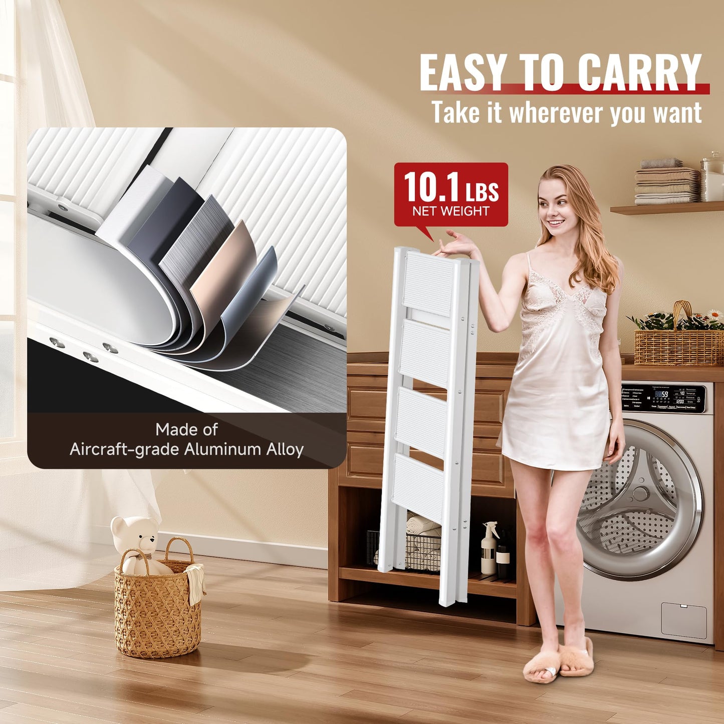 GameGem 4 Step Ladder, Aluminum Folding Step Stool with Anti-Slip Sturdy and Wide Pedal, Lightweight Portable Stepladder for Home and Kitchen Use, Cream White, 330 lbs