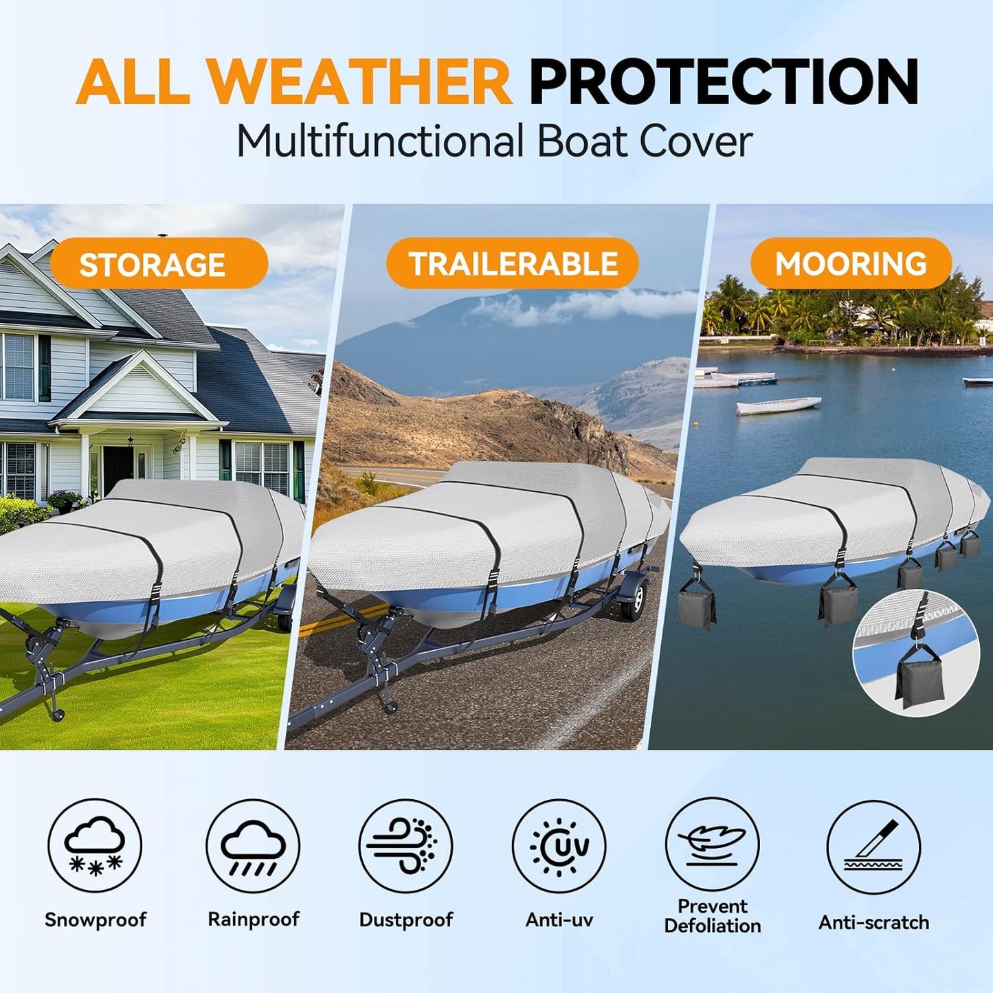 1600D + 1200D Boat Cover - Ultra Durable Waterproof Protection for 16-18.5ft Boats | Includes Storage Bag