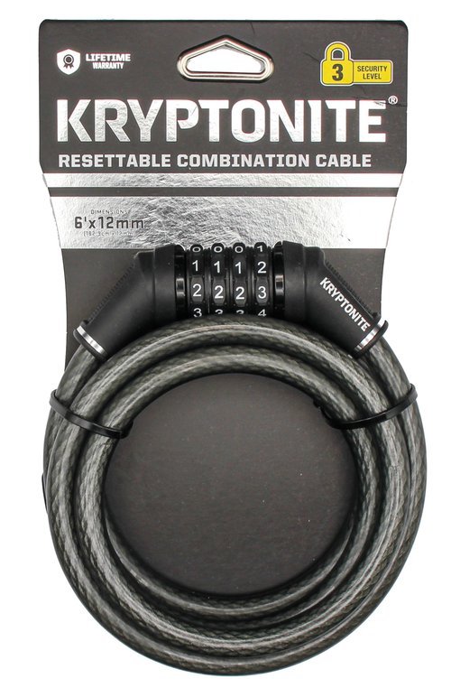 Kryptonite Resettable Combination Bike Lock Cable, 6ft. x 12mm Braided Steel Cable Anti-Theft Security Bicycle Lock with Keys for Outdoor Equipment, Bicycles, Scooters, Fence, Gate