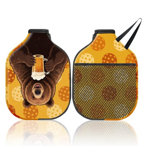 CUTHOLLOW 2PCS Bear Pickleball Paddle Cover with Rope & Zipper, 7.87"x11.81" Neoprene Scratch-proof & Machine Washable Racket Protective Sleeve, Compatible with USAPA Standard & Elongated Paddles