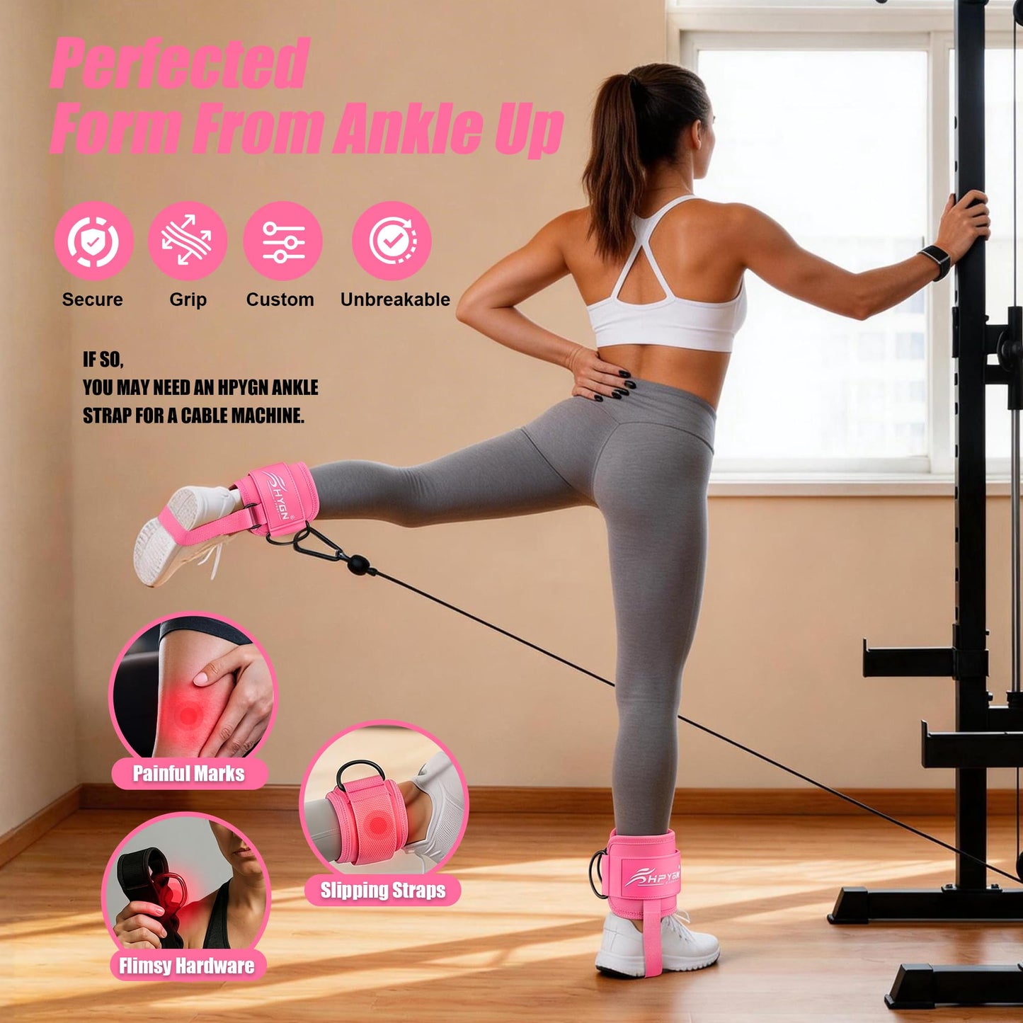 HPYGN Ankle Strap for Cable Machine, Gym Ankle Straps for Working Out, Adjustable Ankle Cuff Kickback Strap, Cable Machine Attachments for Women Glute Leg Extensions, Leg Straps with Neoprene Padding