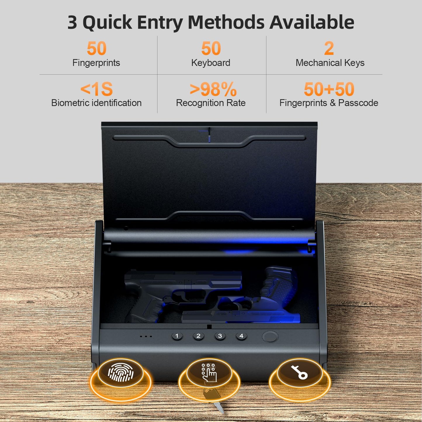 PINEWORLD Biometric Fingerprint Handgun Safe with Raised Backlit Keypad&Key