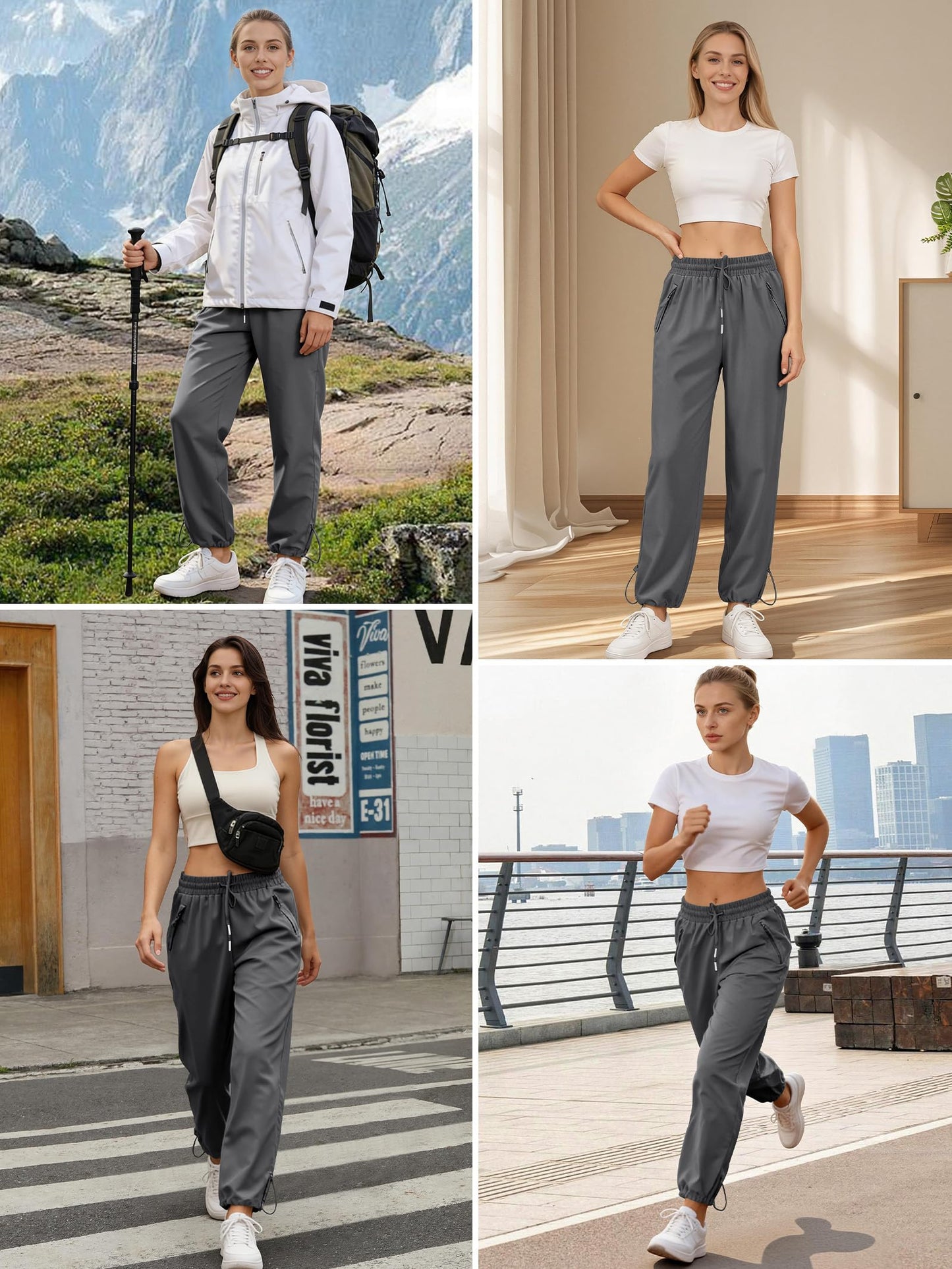 JEKAOYI Womens Athletic Hiking Pants Lightweight Quick Dry Water Resistant Elastic Waist Cargo Pants with Zipper Pockets Grey
